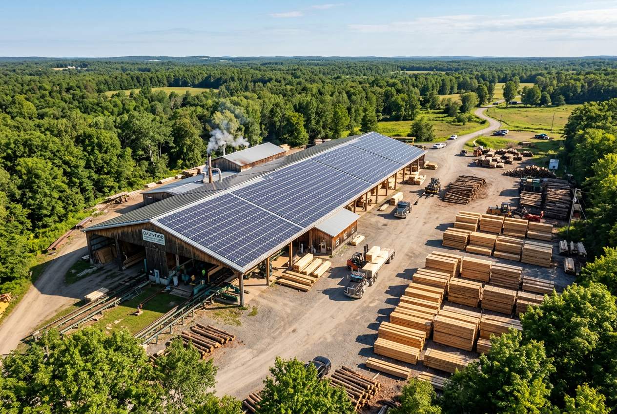 Panneaux solaires hybrides sur le toit du hangar d'une scierie, à côté du parc à bois